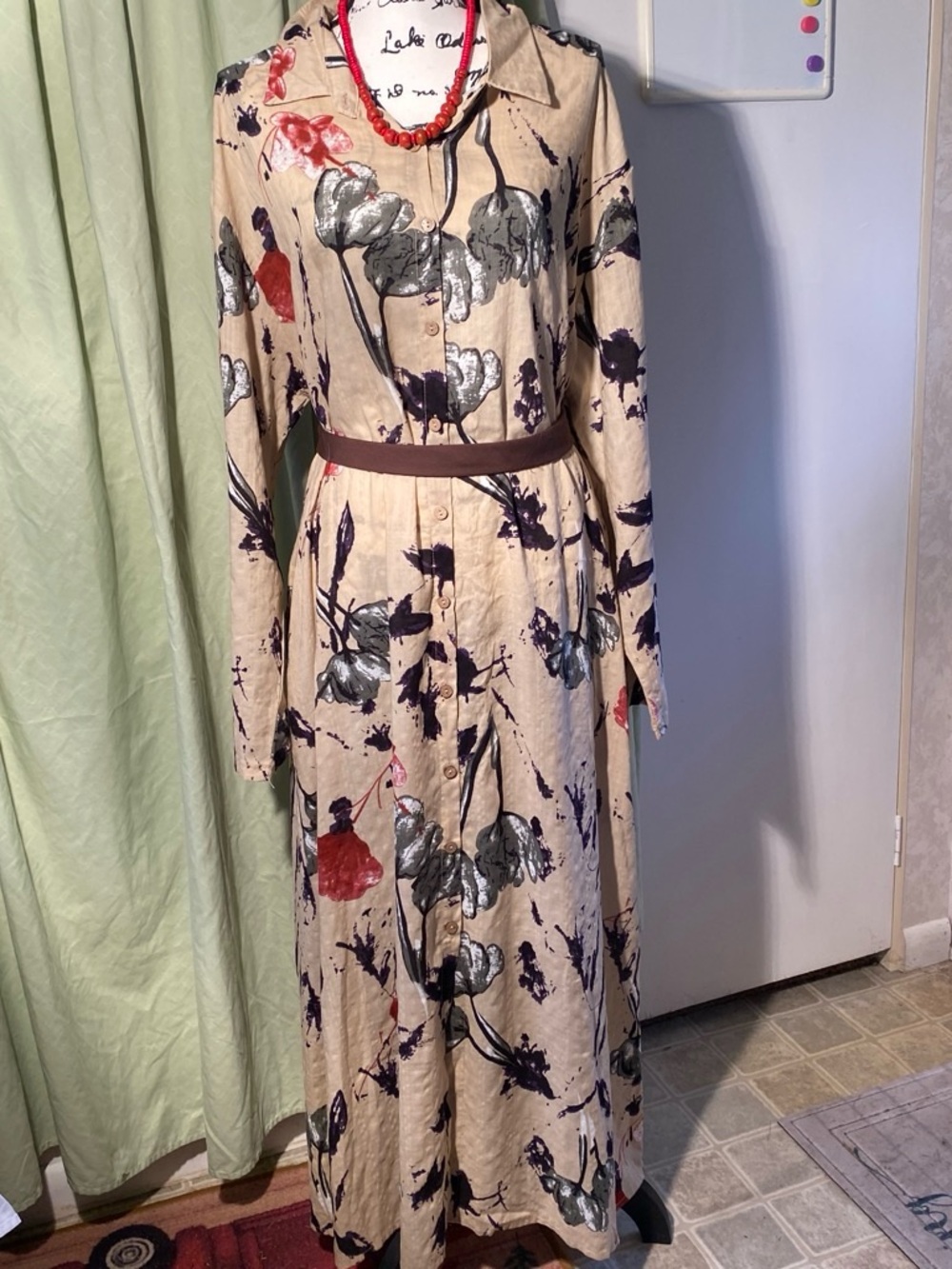 Floral Button-Front Beige Maxi Dress with Wine & Gray Accents